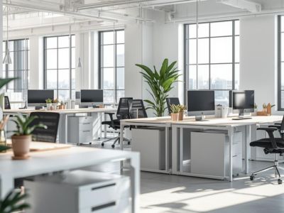 明るいオフィス空間。デスクとパソコンが配置されたワークスペース