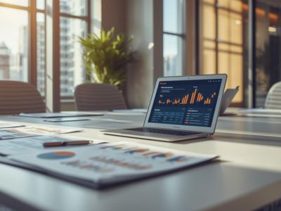 グラフやチャートを使った分析資料とパソコン画面。データに基づく戦略立案のイメージ