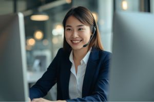 笑顔でパソコンに向かうサポートスタッフ。親身な対応のイメージ