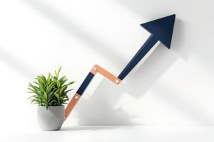 上向きの矢印と植物の成長のイメージ